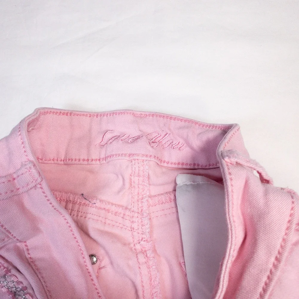 Love You Pink Y2K Wing Cross Sequin Rhinestone Flare Jeans Size 1/2 VVA08